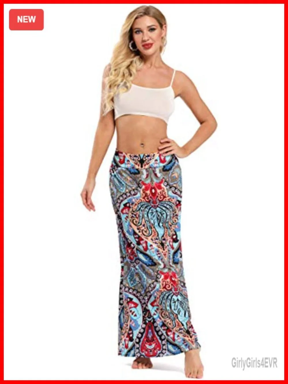 Bohemian Print Long Maxi Skirt Elastic Waist A-Line Flowy Beach Vacation